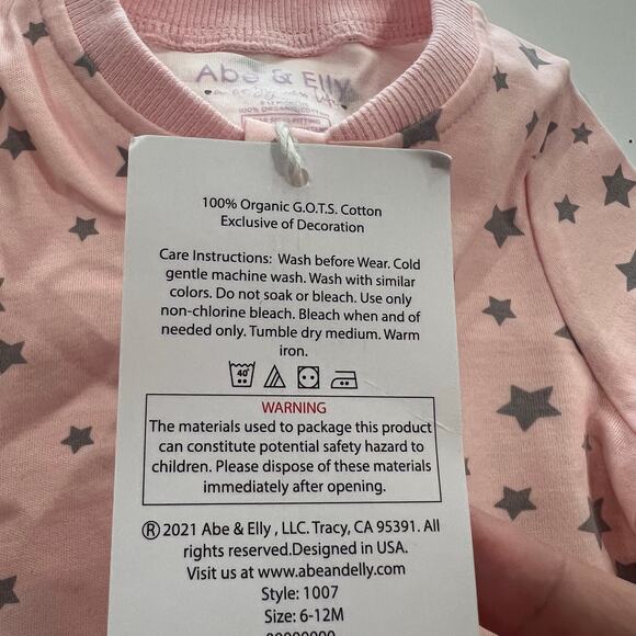 Abe & Elly Organic Cotton Baby Onesie 6-12 month Pink Star Footie Pajamas - Picture 6 of 8
